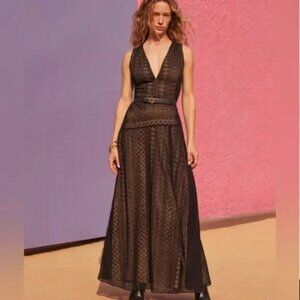 White House Black Market Black Nude Eyelet Slit Front Maxi Dress Size 10 NWT